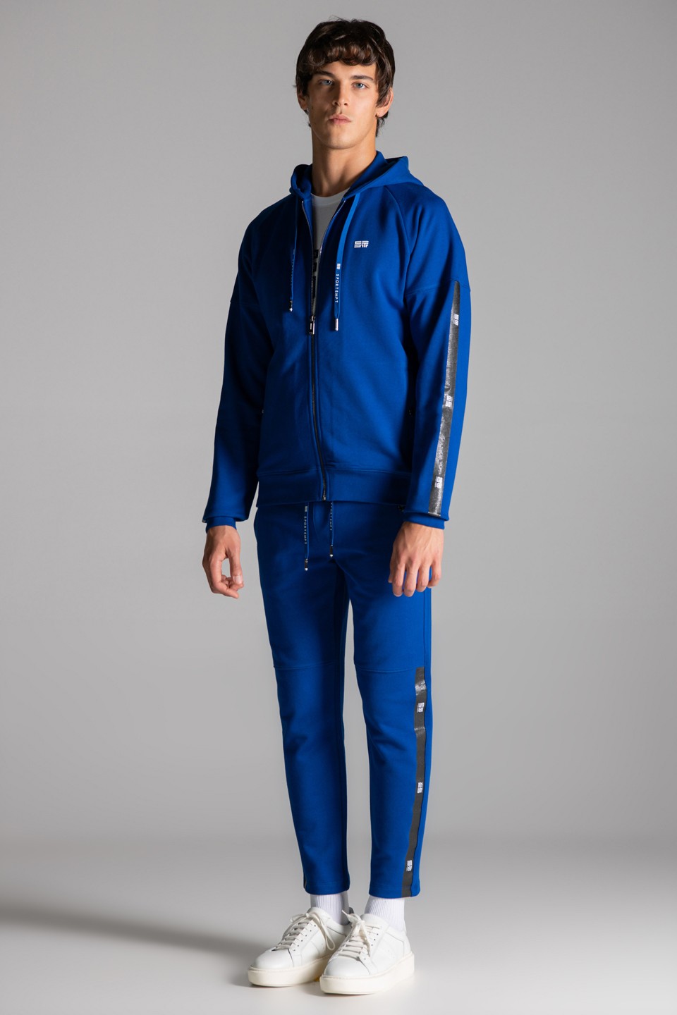 Monogram Şerit  Baskı Detaylı Fermuarlı Kapüşonlu Sweatshirt - Mavi