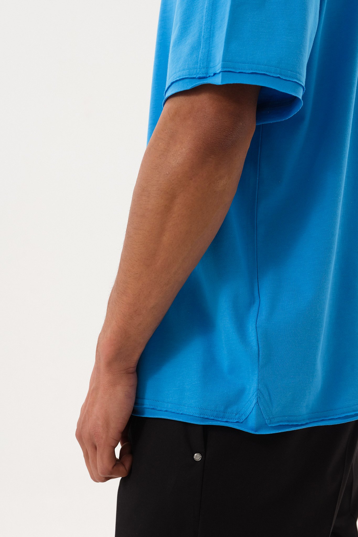Eskitme Detaylı Erkek Oversize Bisiklet Yaka T-Shirt - Mavi