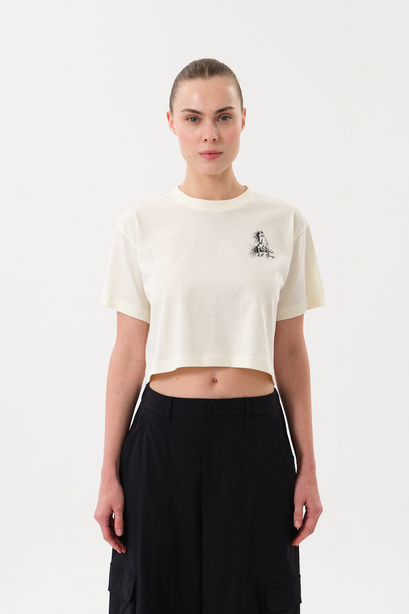 Kadın Crop Baskılı Bisiklet Yaka T-Shirt - Ecru