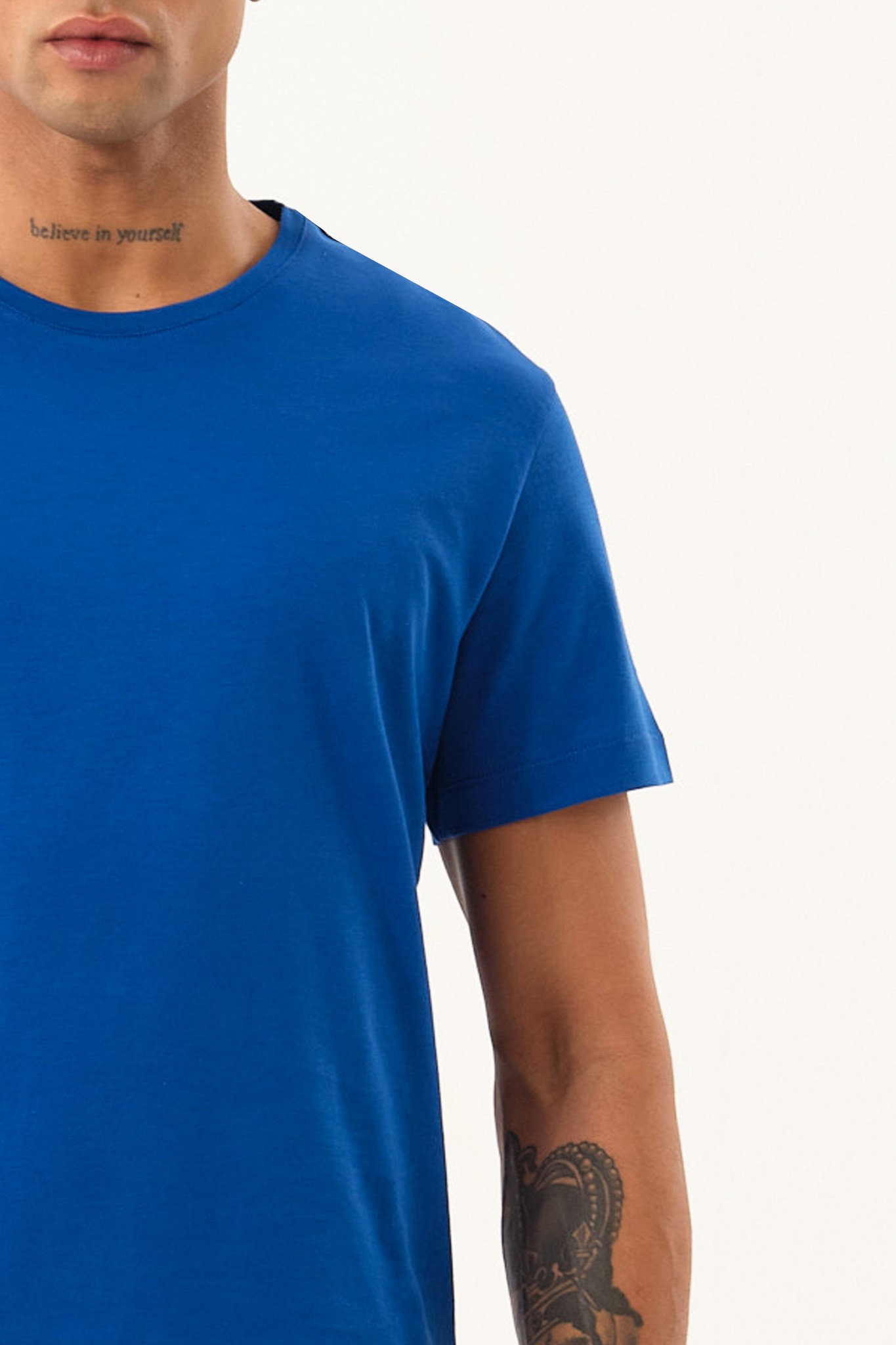 Erkek Slim Fit Bisiklet Yaka T-Shirt - Saks