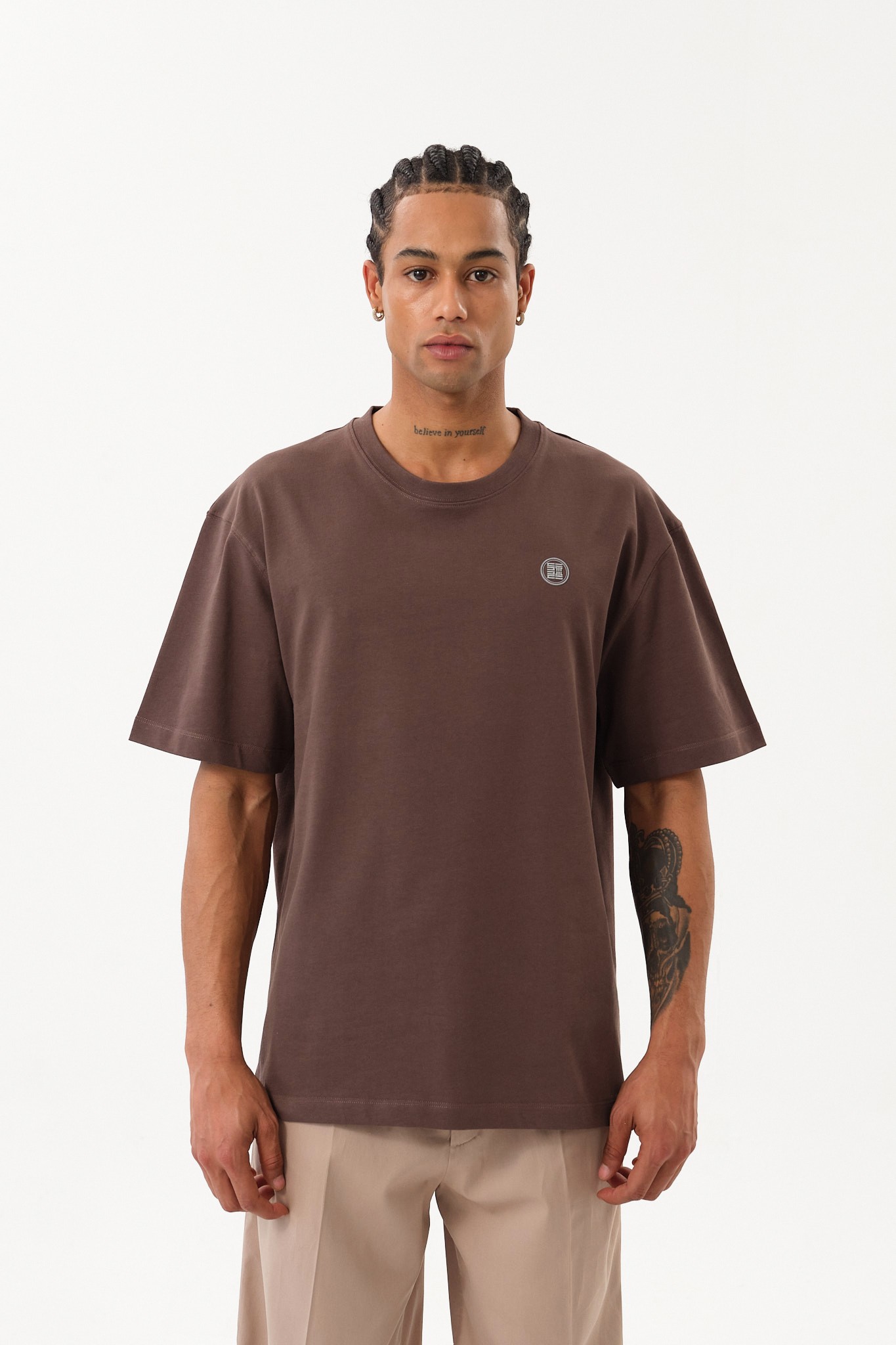 Erkek Oversize Bisiklet Yaka T-Shirt - Brown