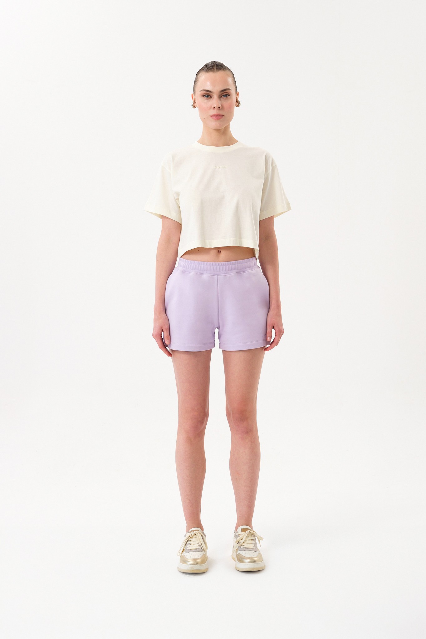 Bisiklet Yaka Kadın Crop T-Shirt - Ekru