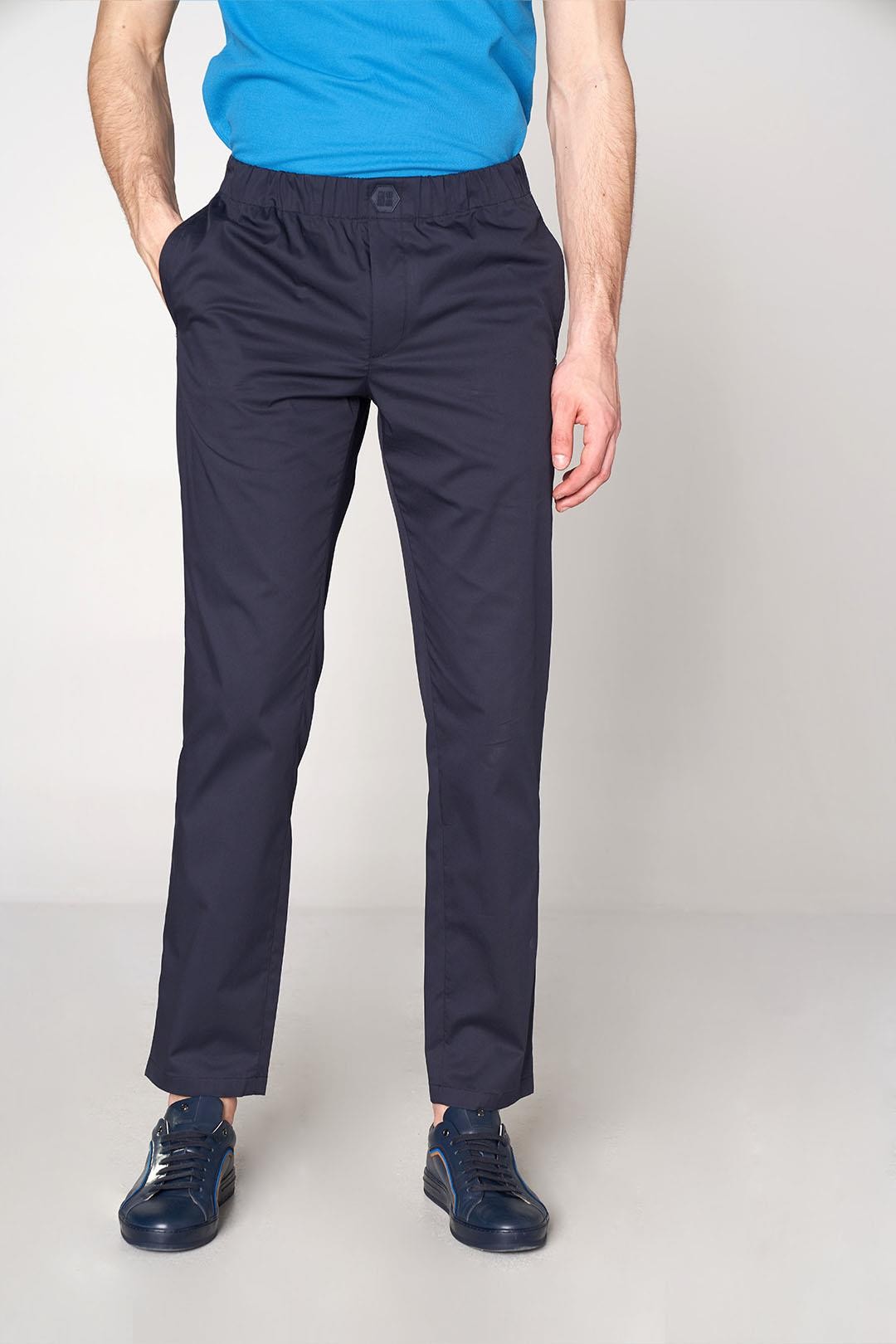 Woven Pants with Belt Monogram Detail - Navy Blue