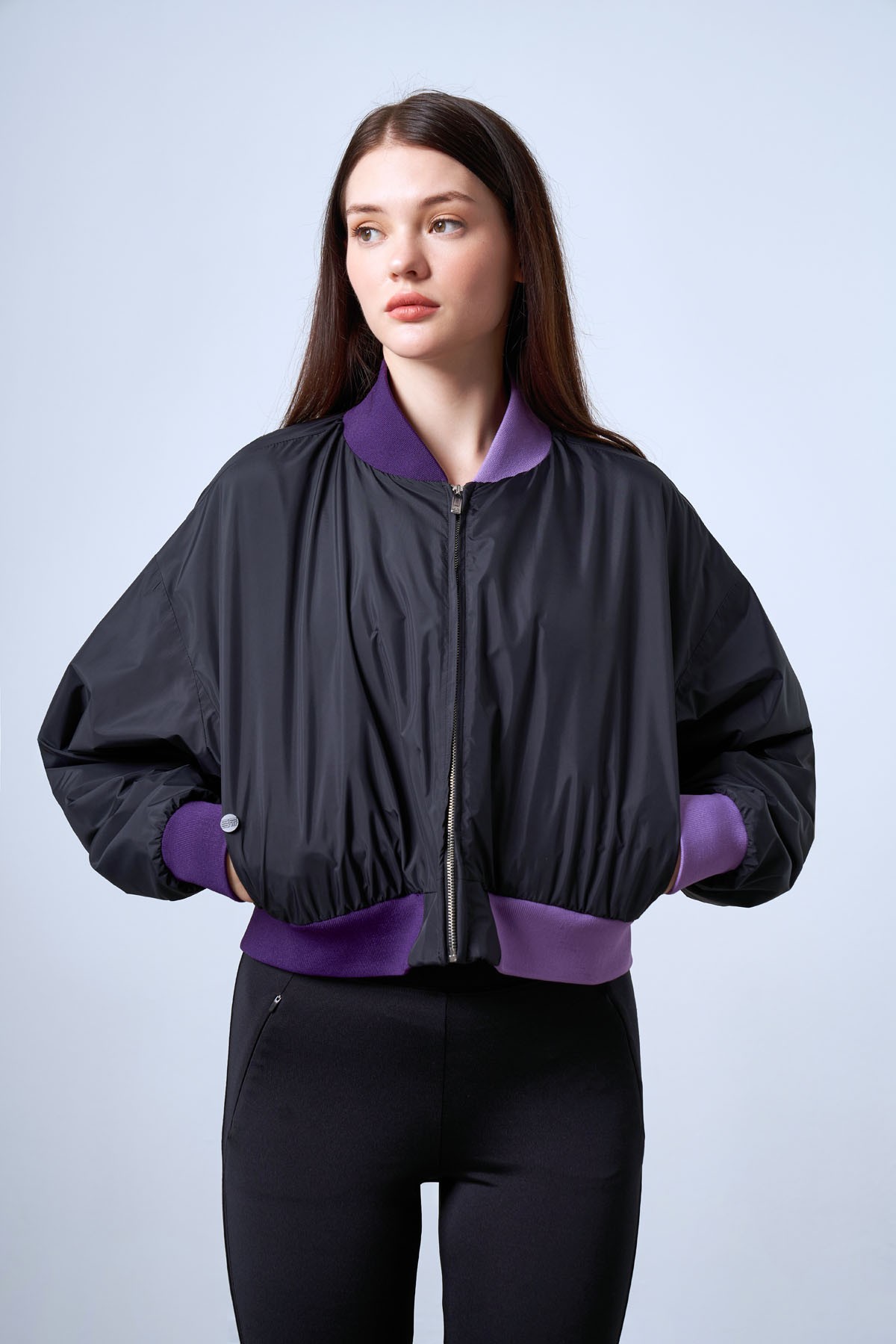 Women's Bomber Jacket with Contrast Collar and Waist Details