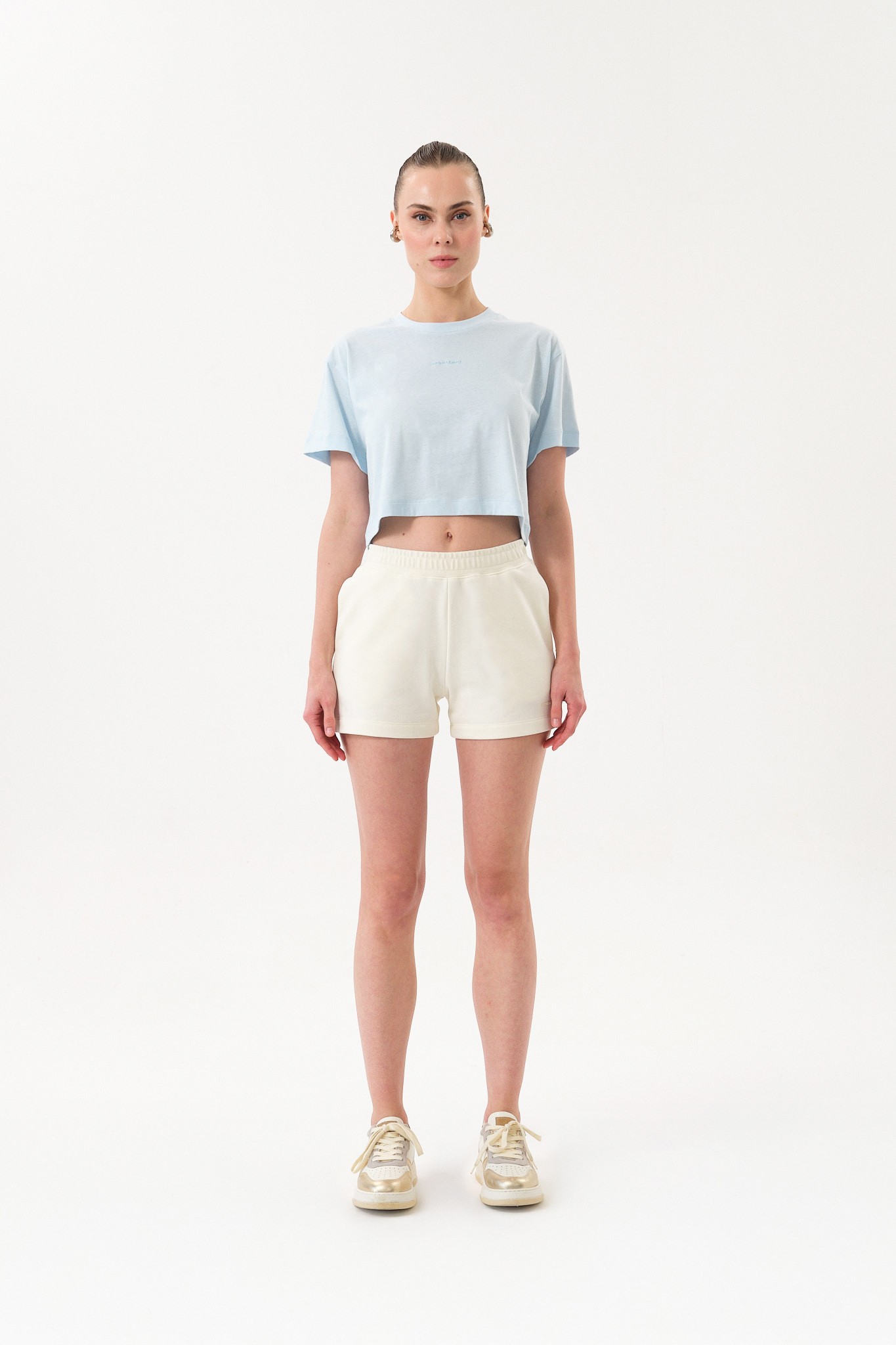 Bisiklet Yaka Kadın Crop T-Shirt - Mavi
