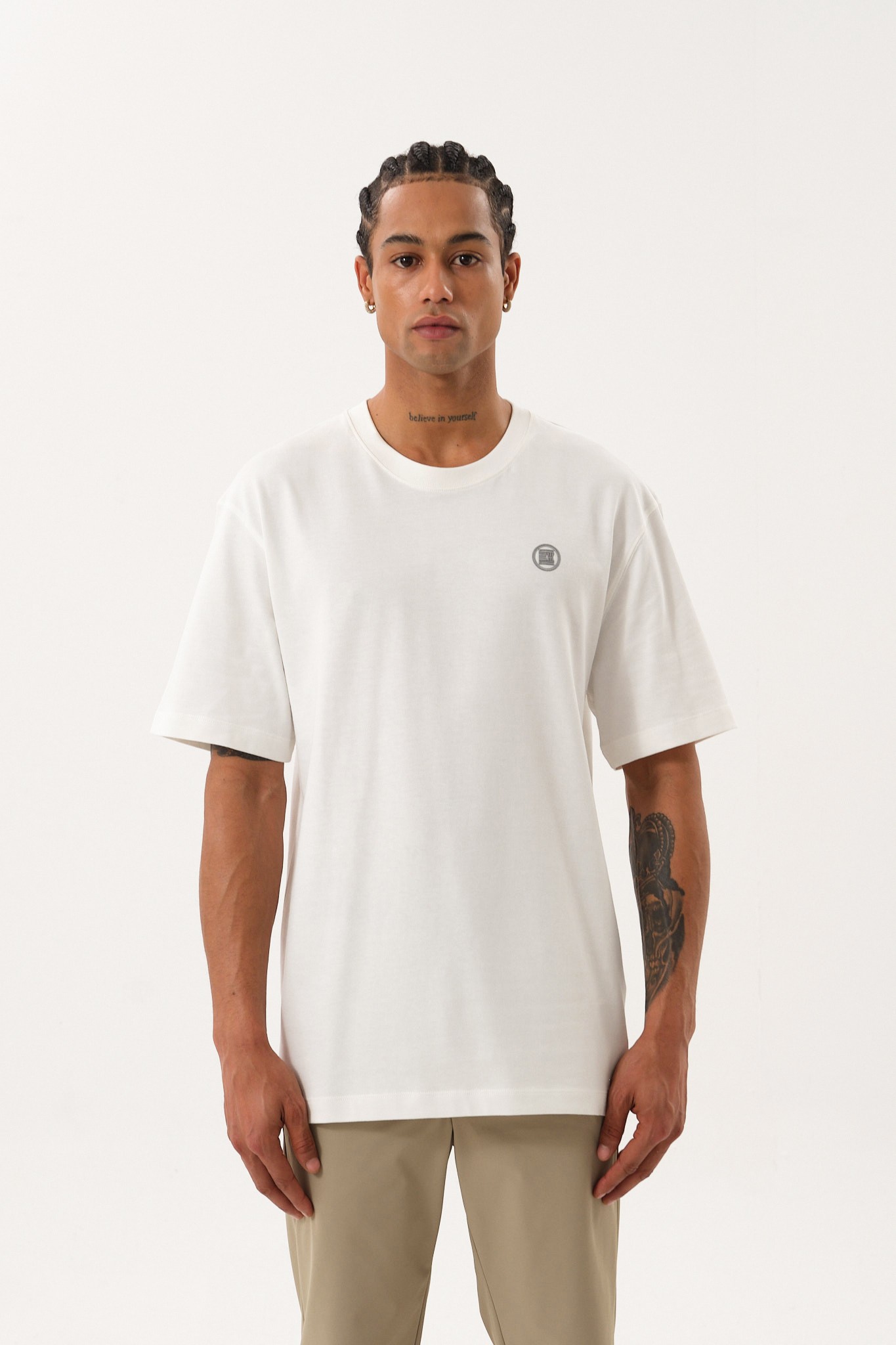 Erkek Oversize Bisiklet Yaka T-Shirt - Ecru