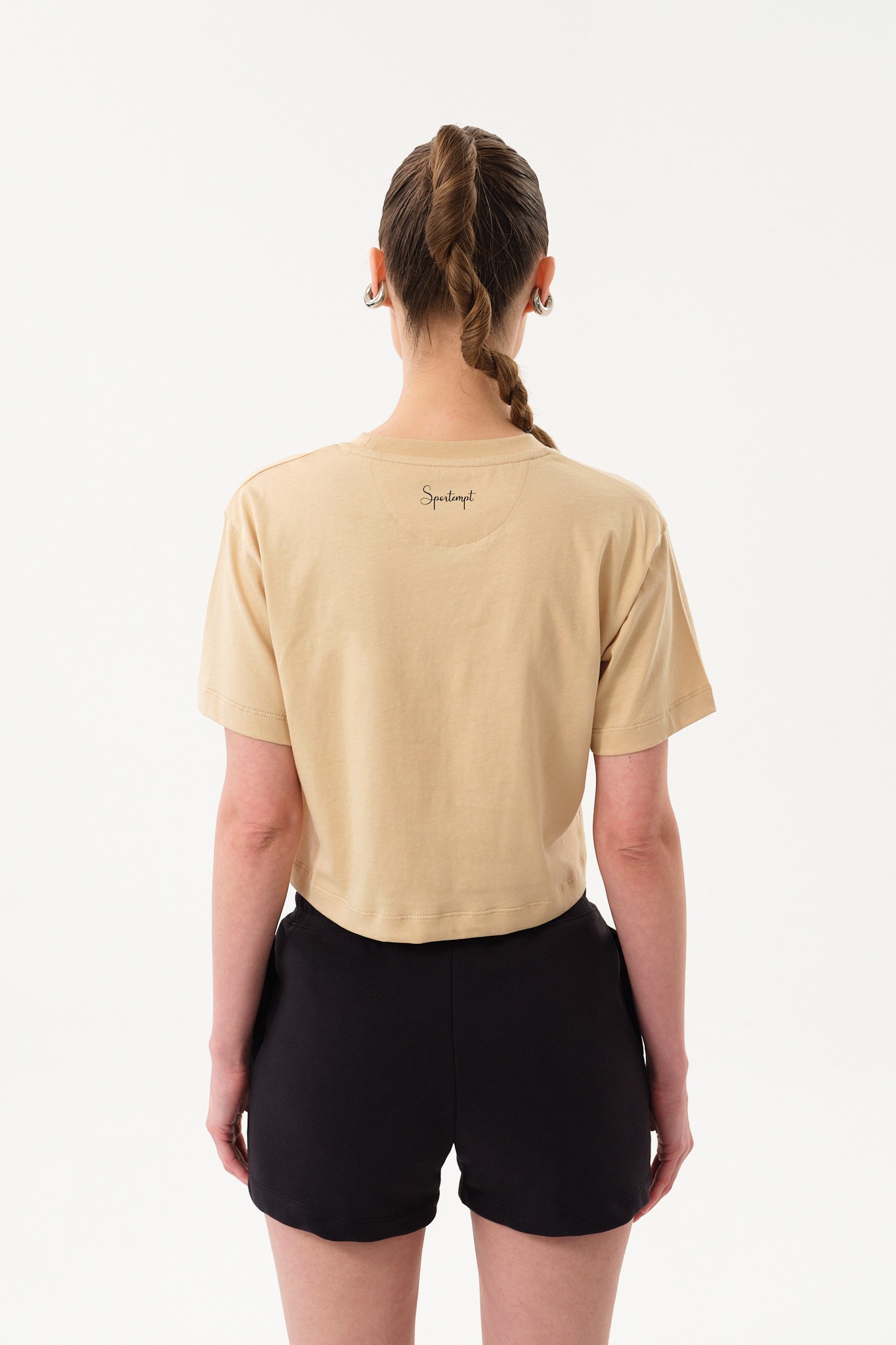 Kadın Crop Baskılı Bisiklet Yaka T-Shirt - Beige