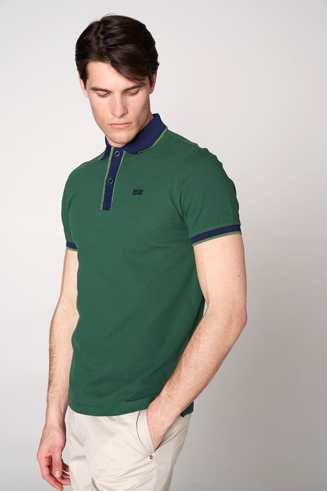 Modern Fit Polo Neck with Knit Band Details on the Collar and Sleeves - Koyu Yeşil