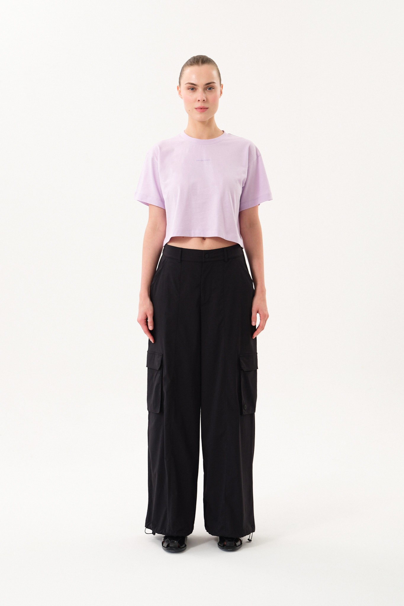 Bisiklet Yaka Kadın Crop T-Shirt - LİLA