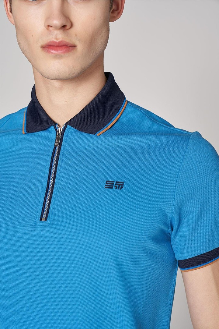 Polo Yaka Fermuarlı Erkek Pamuk T-shirt - Turkuaz
