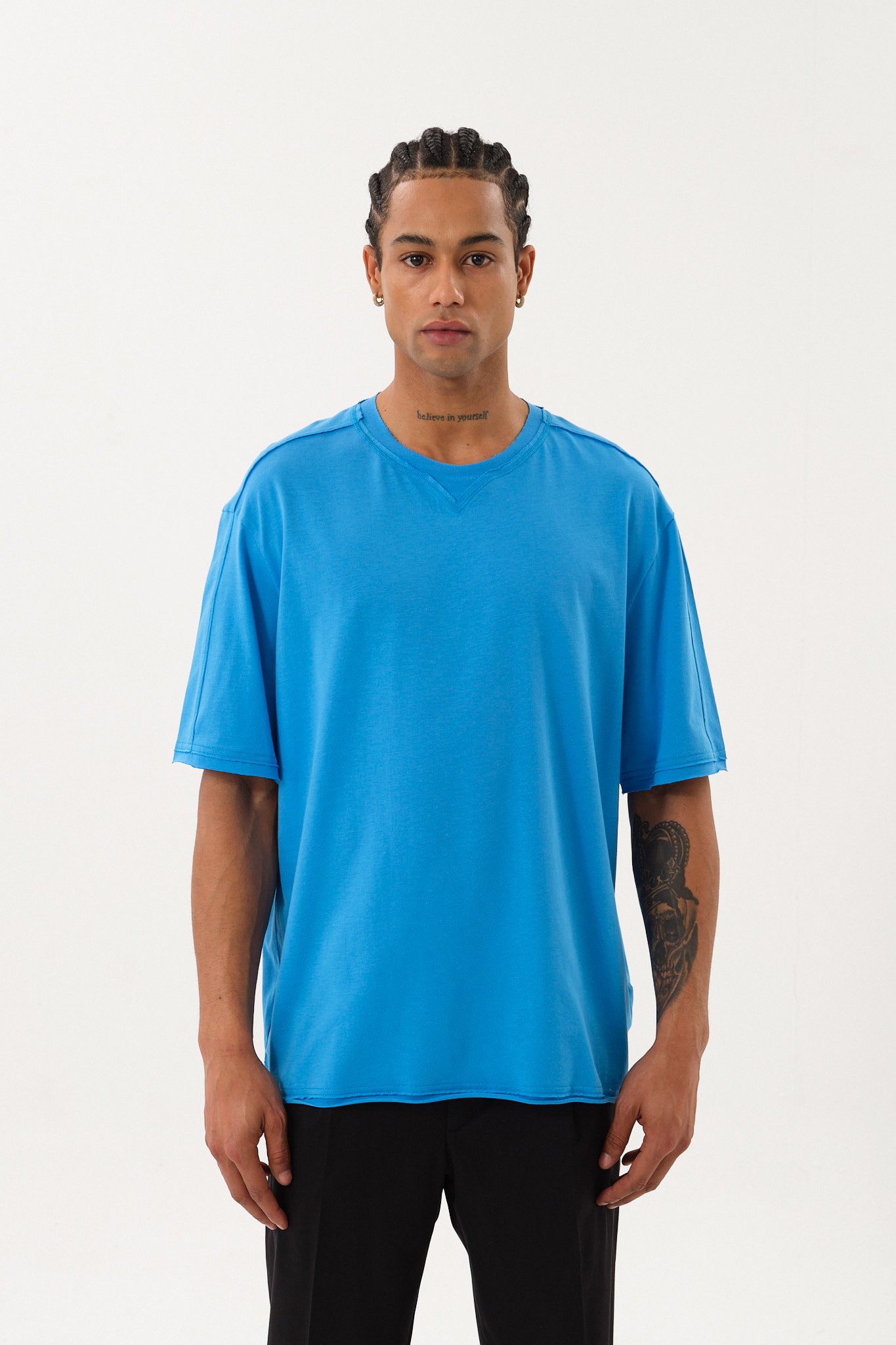 Eskitme Detaylı Erkek Oversize Bisiklet Yaka T-Shirt - Mavi