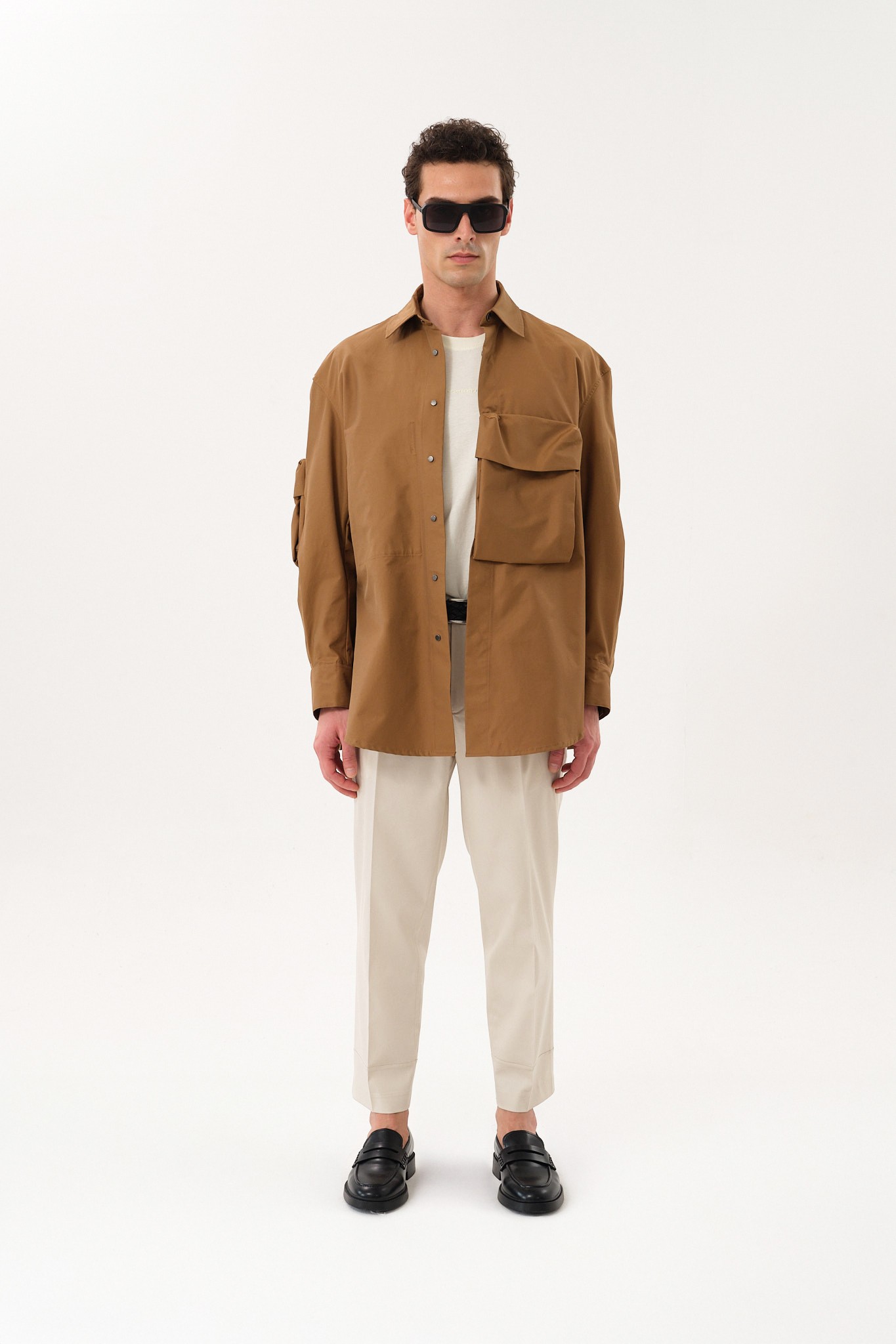 Snap Button Oversized Shirt Jacket with Pocket Detail - Camel