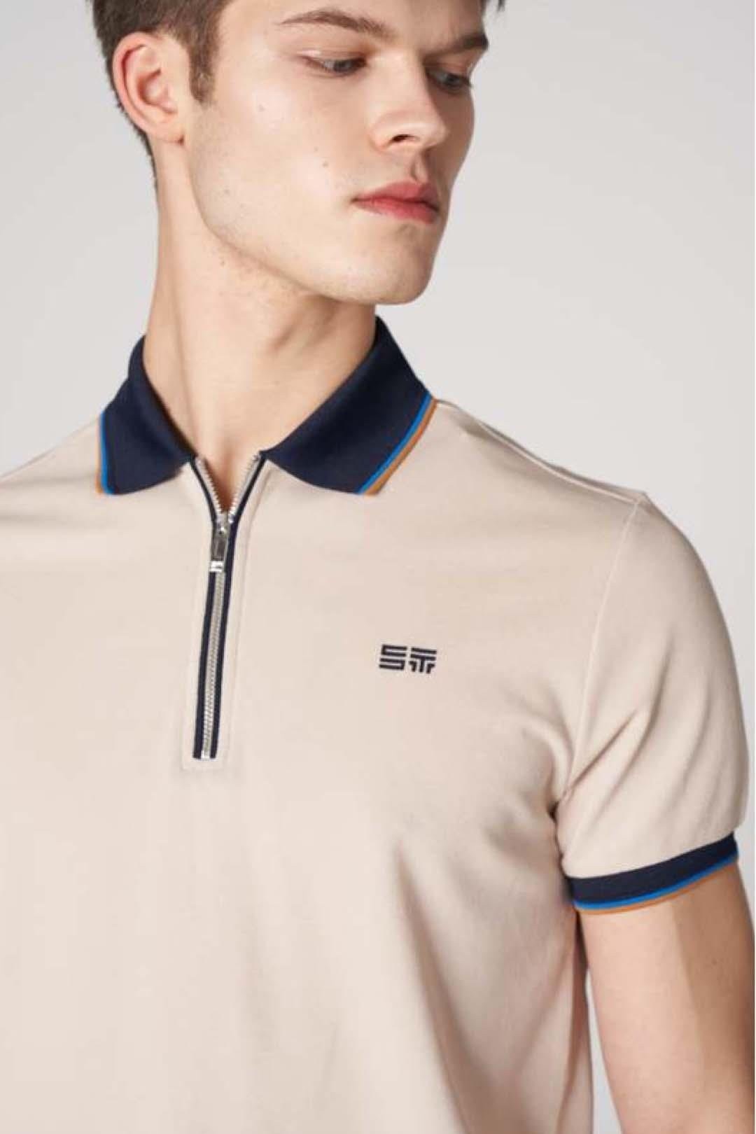 Zip-Up Modern Fit Polo Neck with Collar and Sleeve Details - Ecru