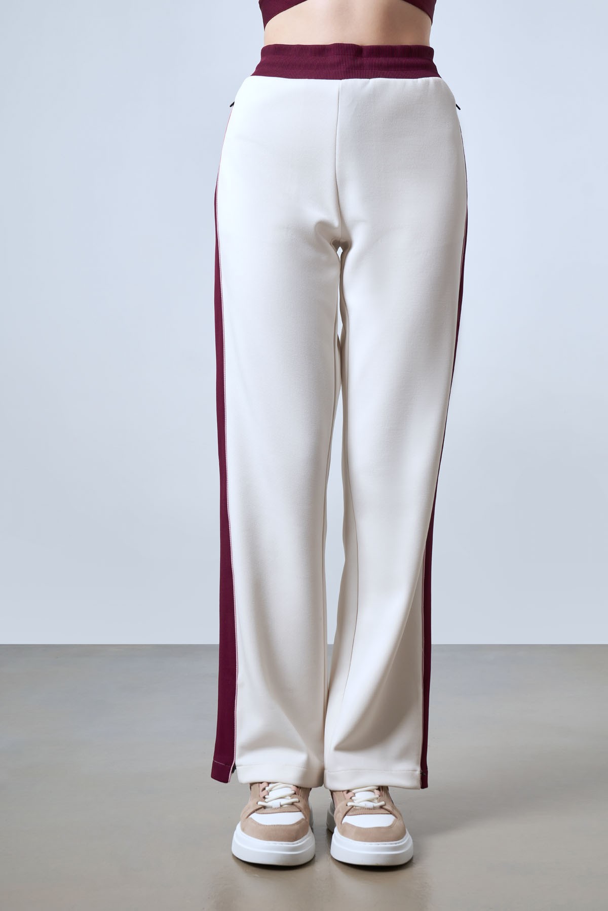 Women's Wide-Leg Pants with Knit Stripe Details - Ecru