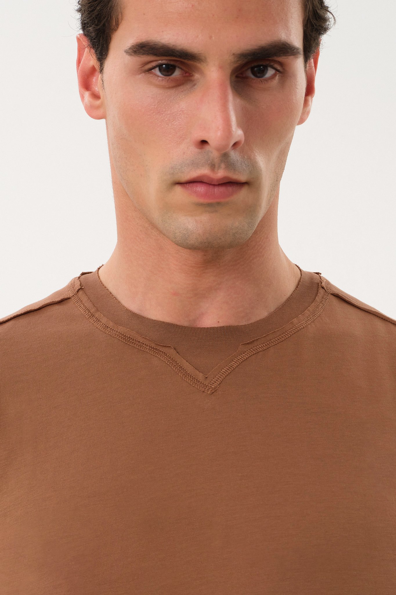 Eskitme Detaylı Erkek Oversize Bisiklet Yaka T-Shirt - Brown