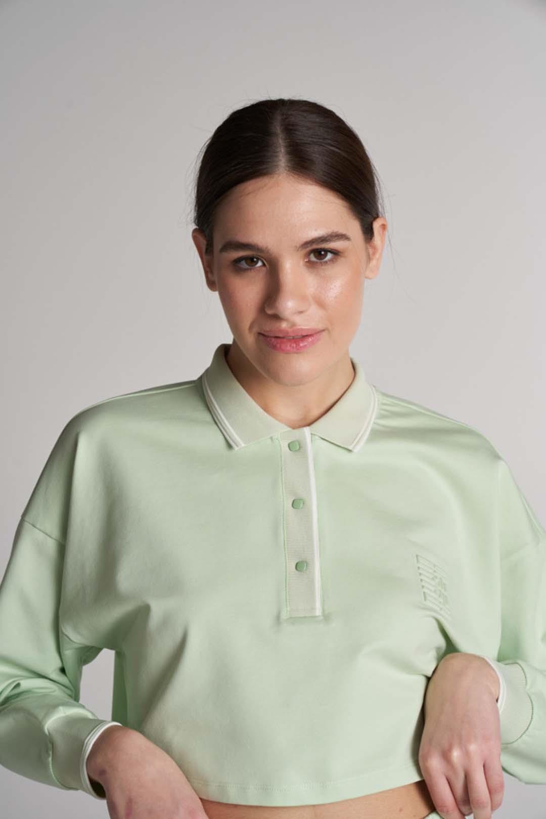 Waffle Print Detail Modern Fit Crop Polo - Green