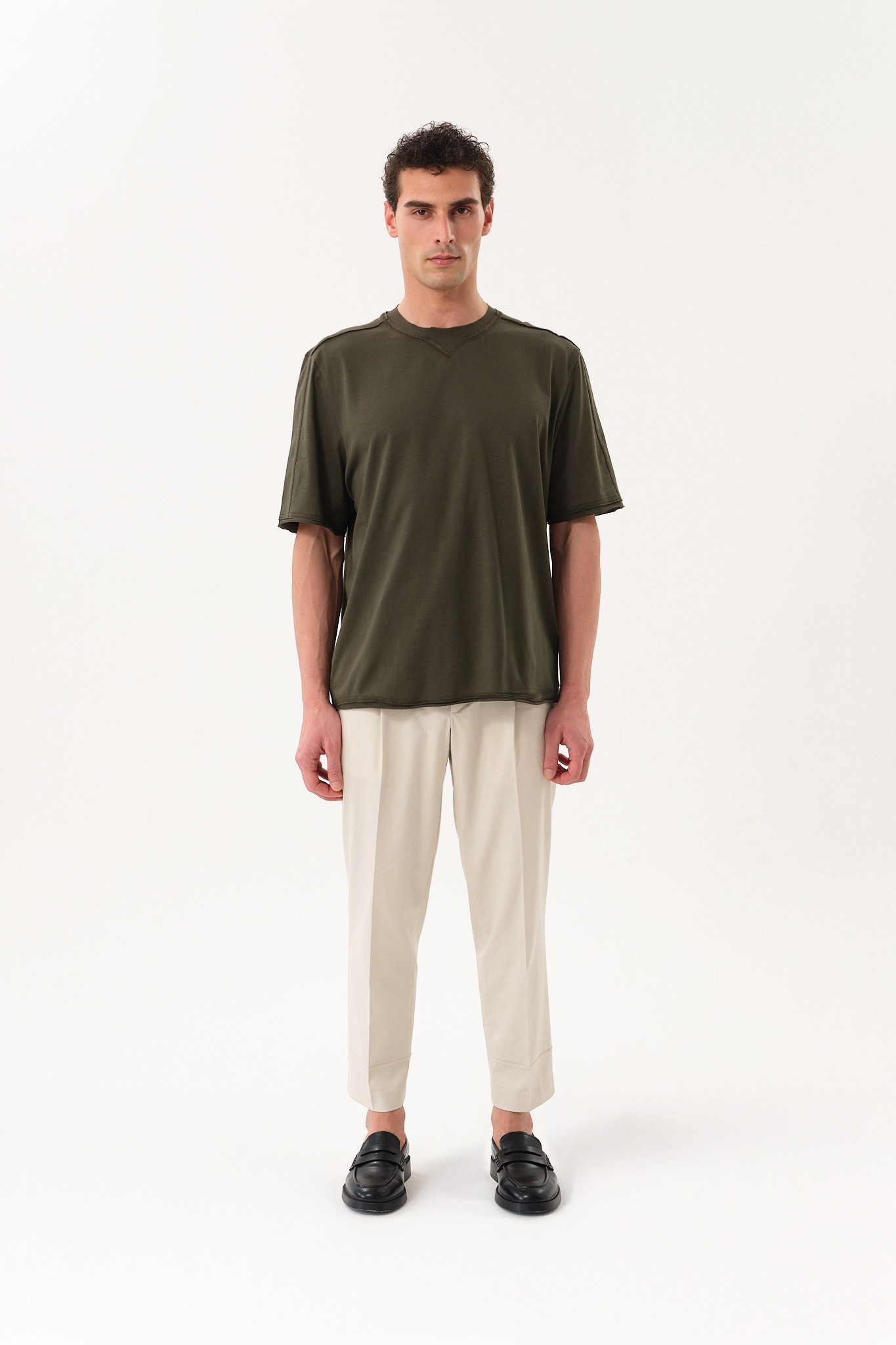 Eskitme Detaylı Erkek Oversize Bisiklet Yaka T-Shirt - Khaki