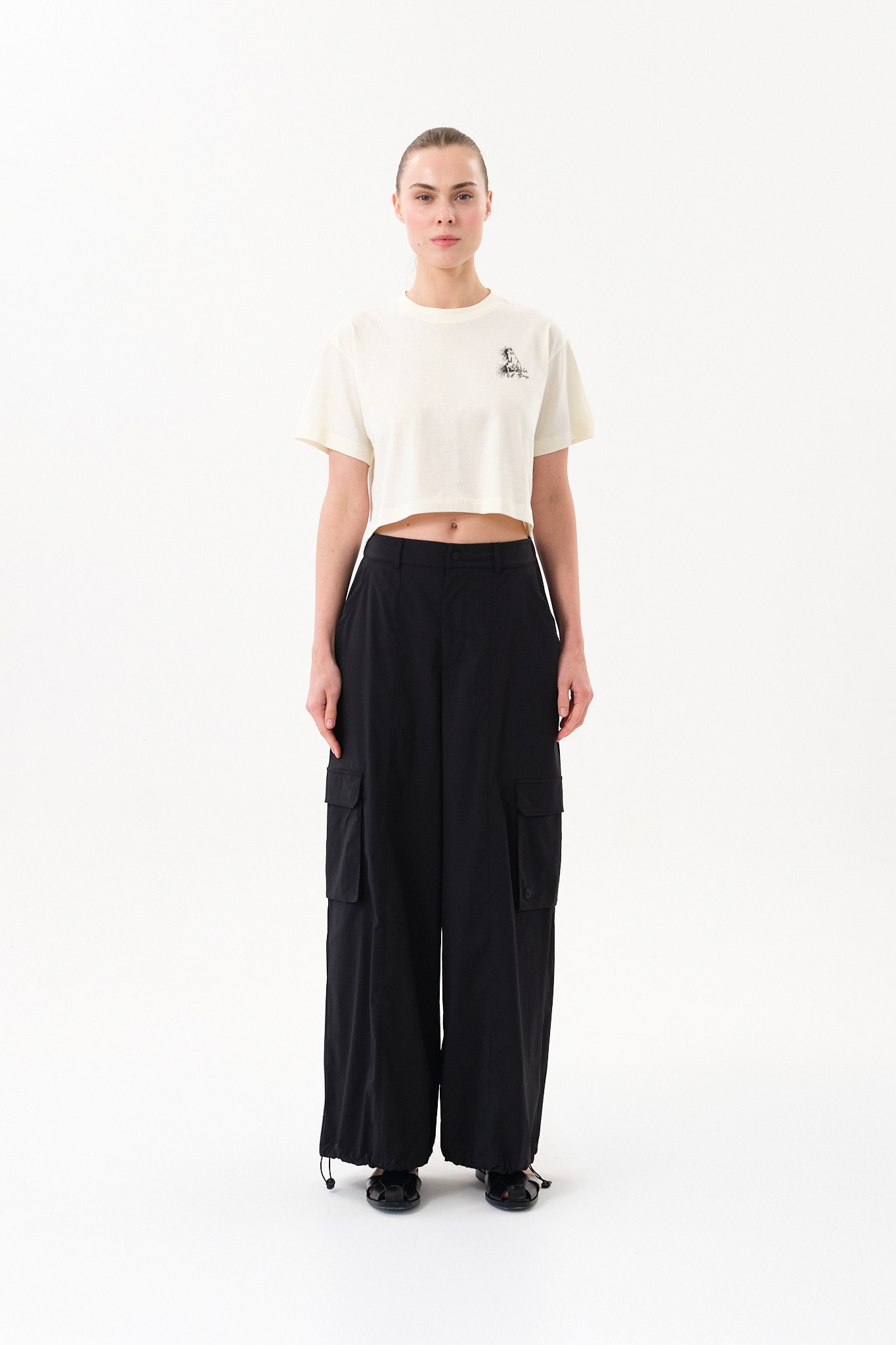 Kadın Crop Baskılı Bisiklet Yaka T-Shirt - Ecru