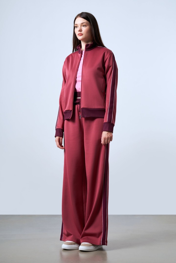 Women's Stand Collar Cardigan with Knit Stripe Details