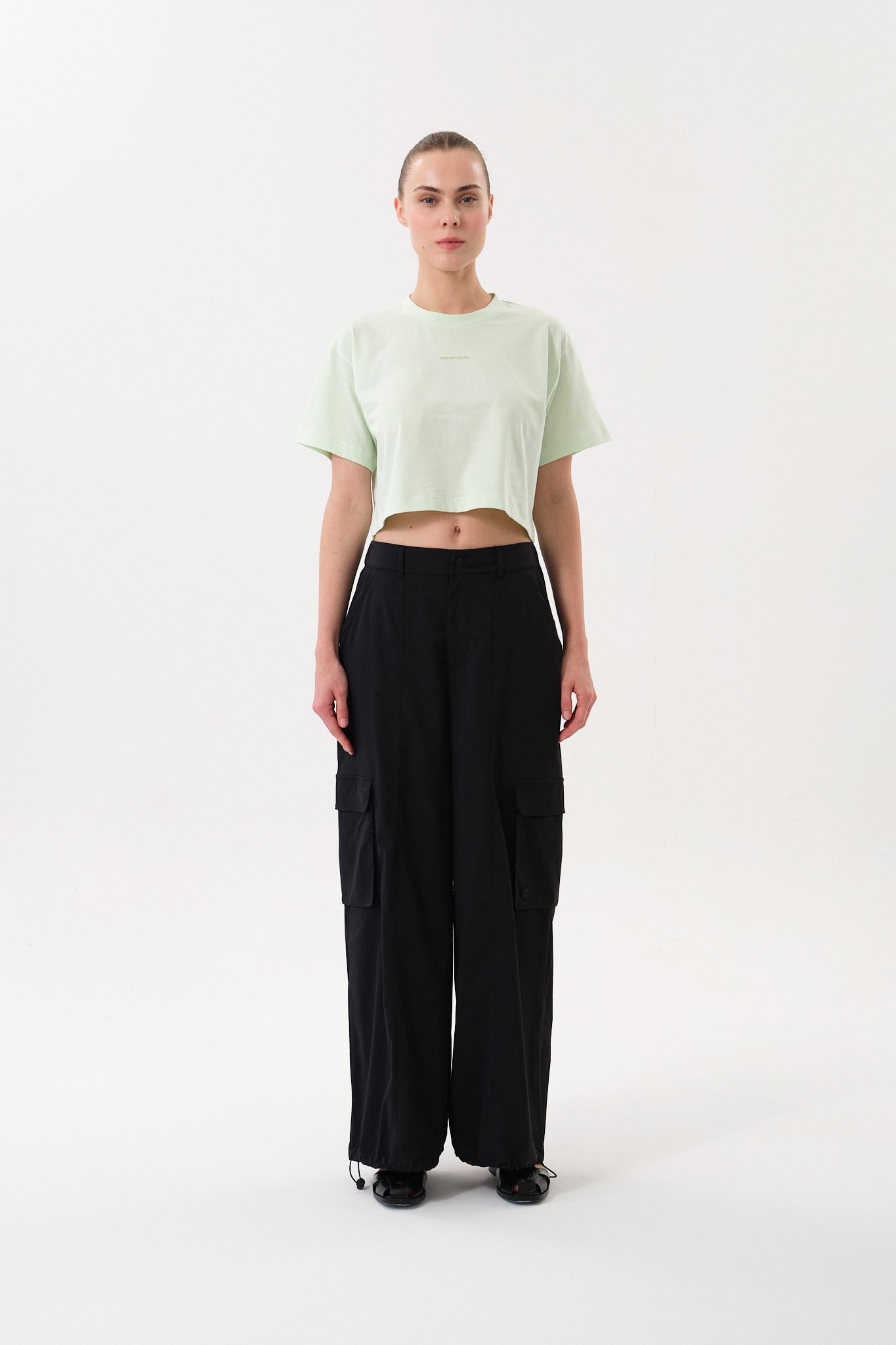 Bisiklet Yaka Kadın Crop T-Shirt - Yeşil