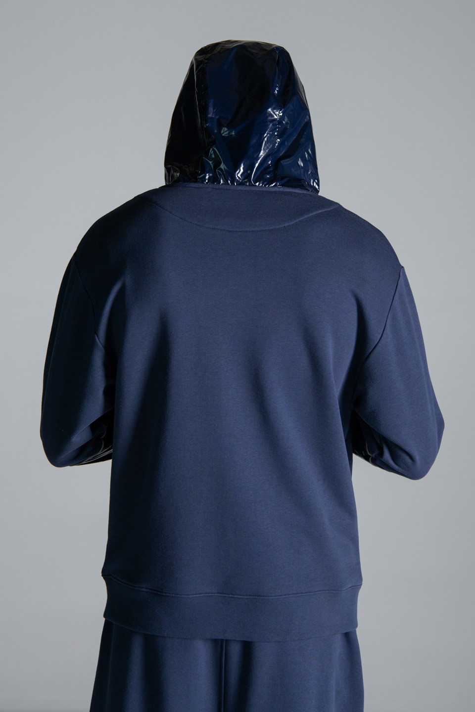 Parlak Dokuma Kumaş Detaylı FermuarlıI Kapüşon Sweatshirt - Navy Blue
