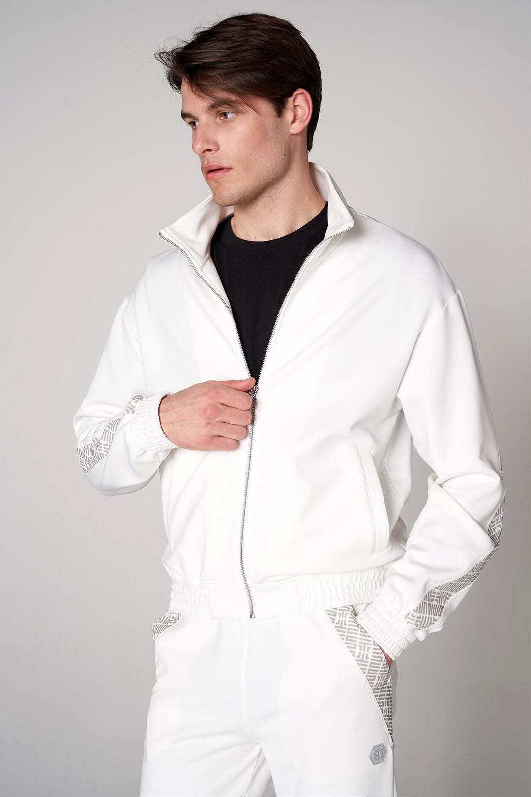 Oversized Zip-Up Sweatshirt with Monogram Details - White