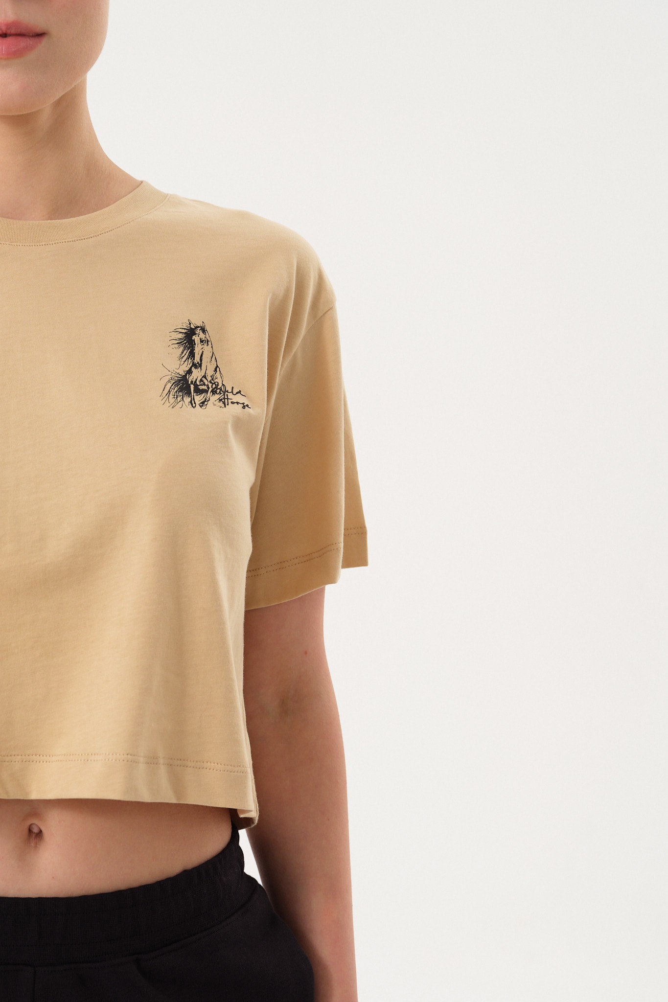 Kadın Crop Baskılı Bisiklet Yaka T-Shirt - Beige