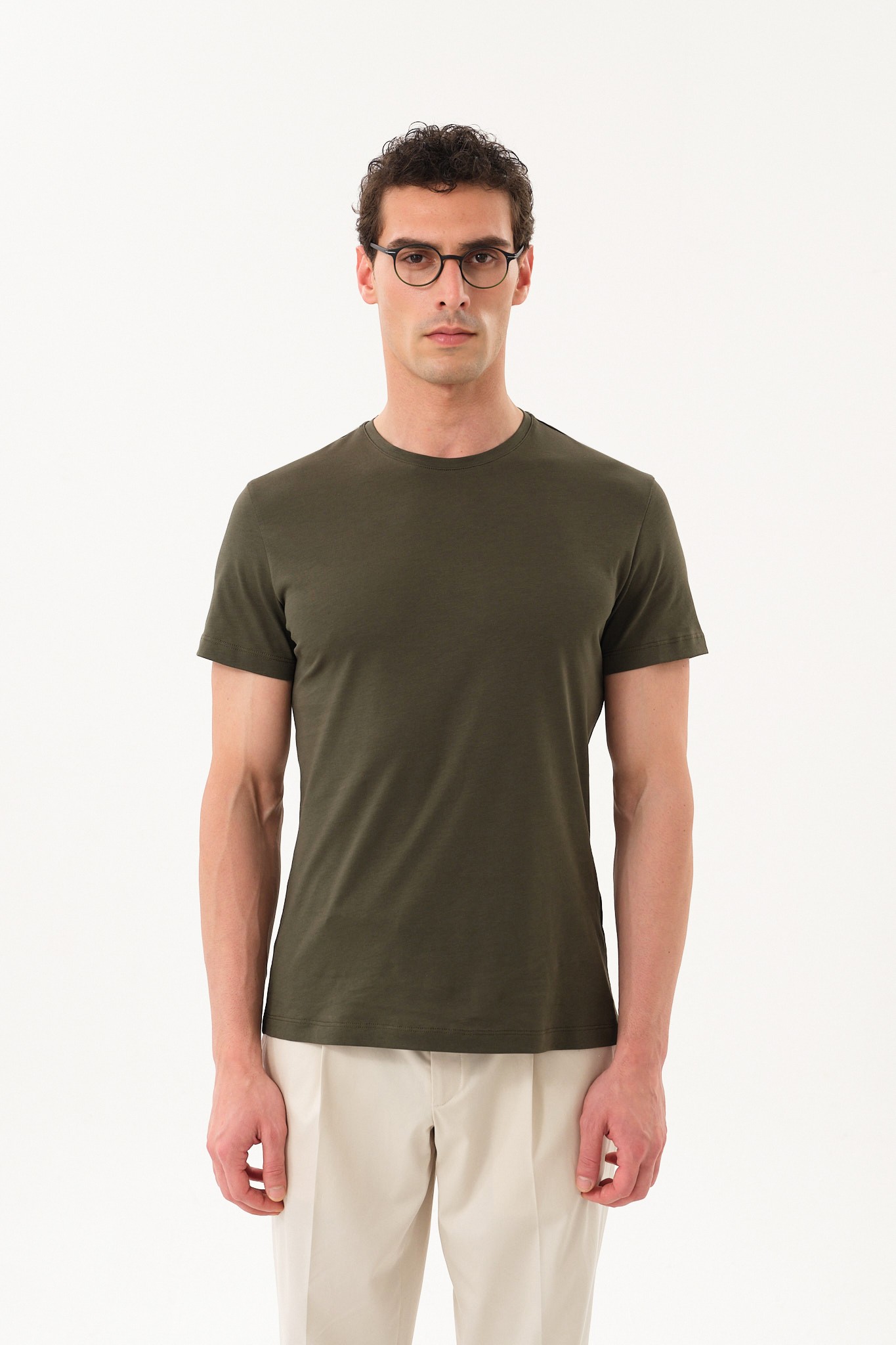 Erkek Slim Fit Bisiklet Yaka T-Shirt - Haki