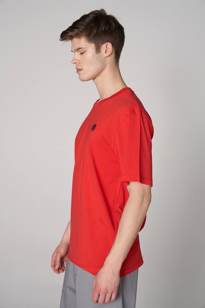 Parlak Baskı Detaylı Oversized Tişört - Kırmızı