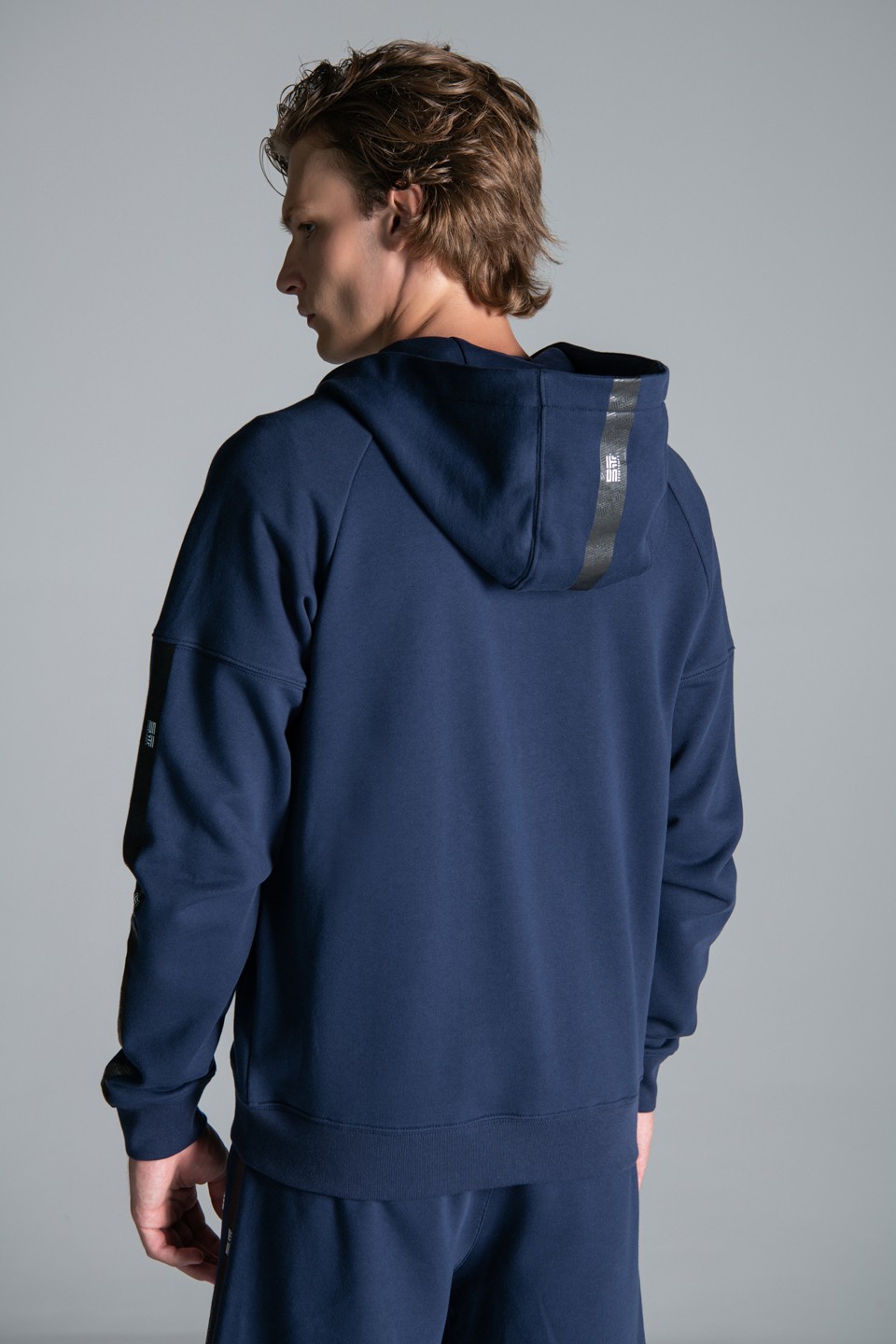 Monogram Şerit  Baskı Detaylı Fermuarlı Kapüşonlu Sweatshirt - Navy Blue