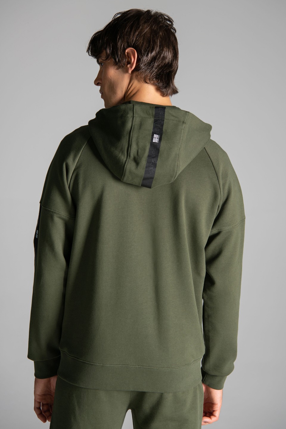 Monogram Şerit  Baskı Detaylı Fermuarlı Kapüşonlu Sweatshirt - Khaki