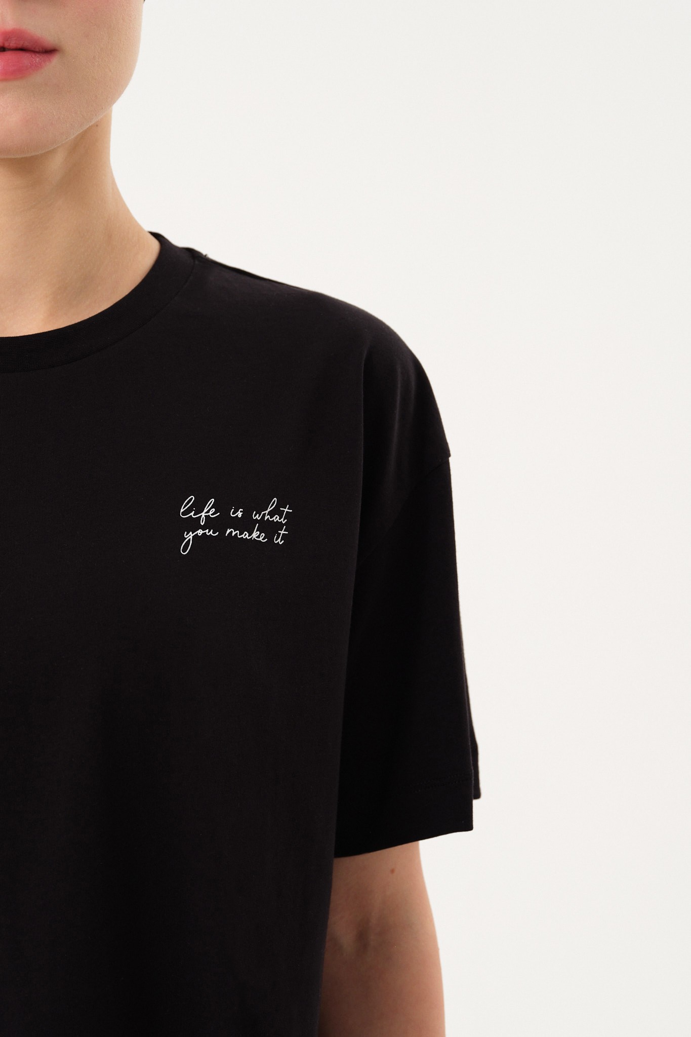 Kadın Baskılı Bisiklet Yaka T-Shirt - Black
