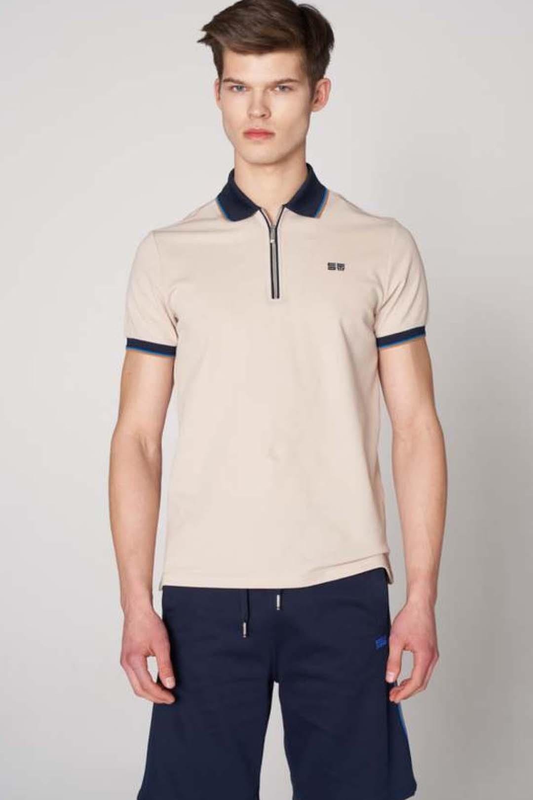 Zip-Up Modern Fit Polo Neck with Collar and Sleeve Details - Ecru