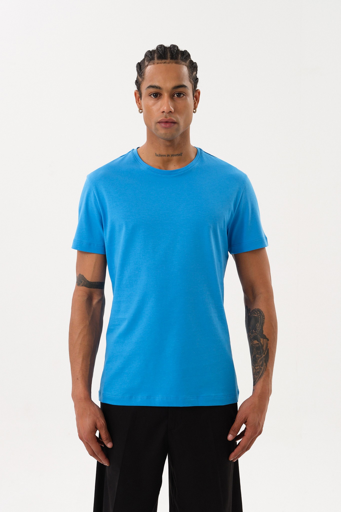 Erkek Slim Fit Bisiklet Yaka T-Shirt - Mavi