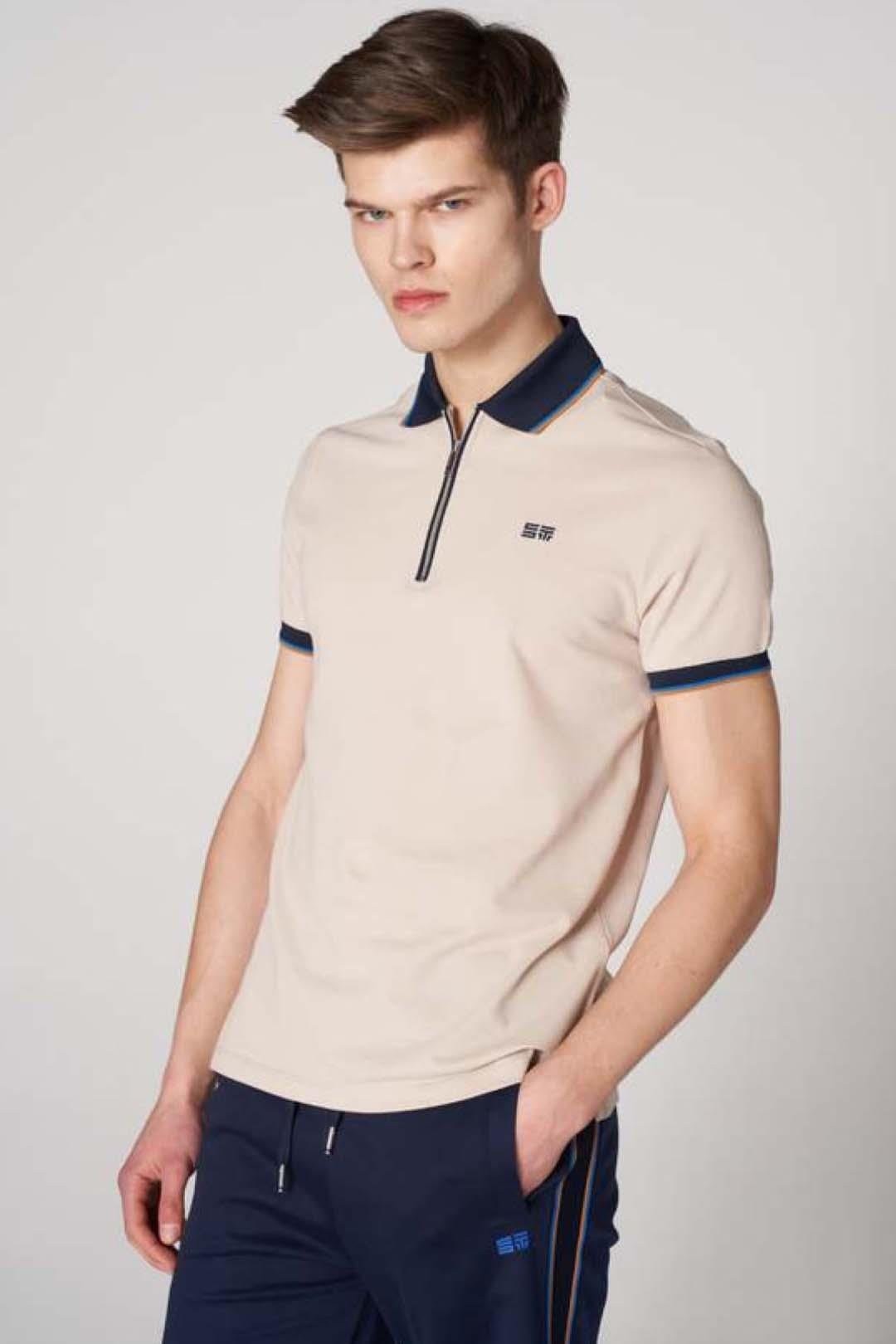 Zip-Up Modern Fit Polo Neck with Collar and Sleeve Details - Ecru