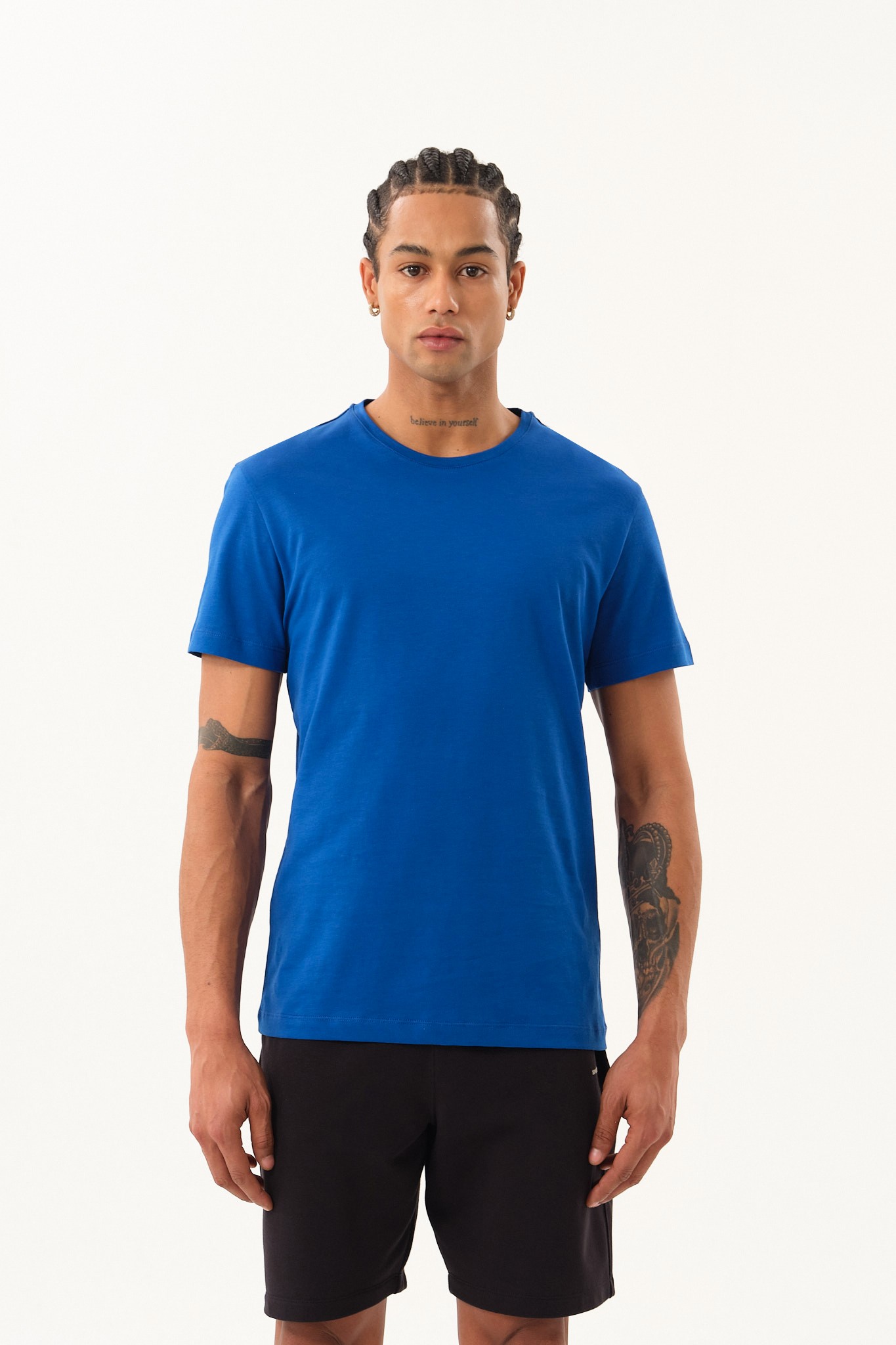 Erkek Slim Fit Bisiklet Yaka T-Shirt - Saks