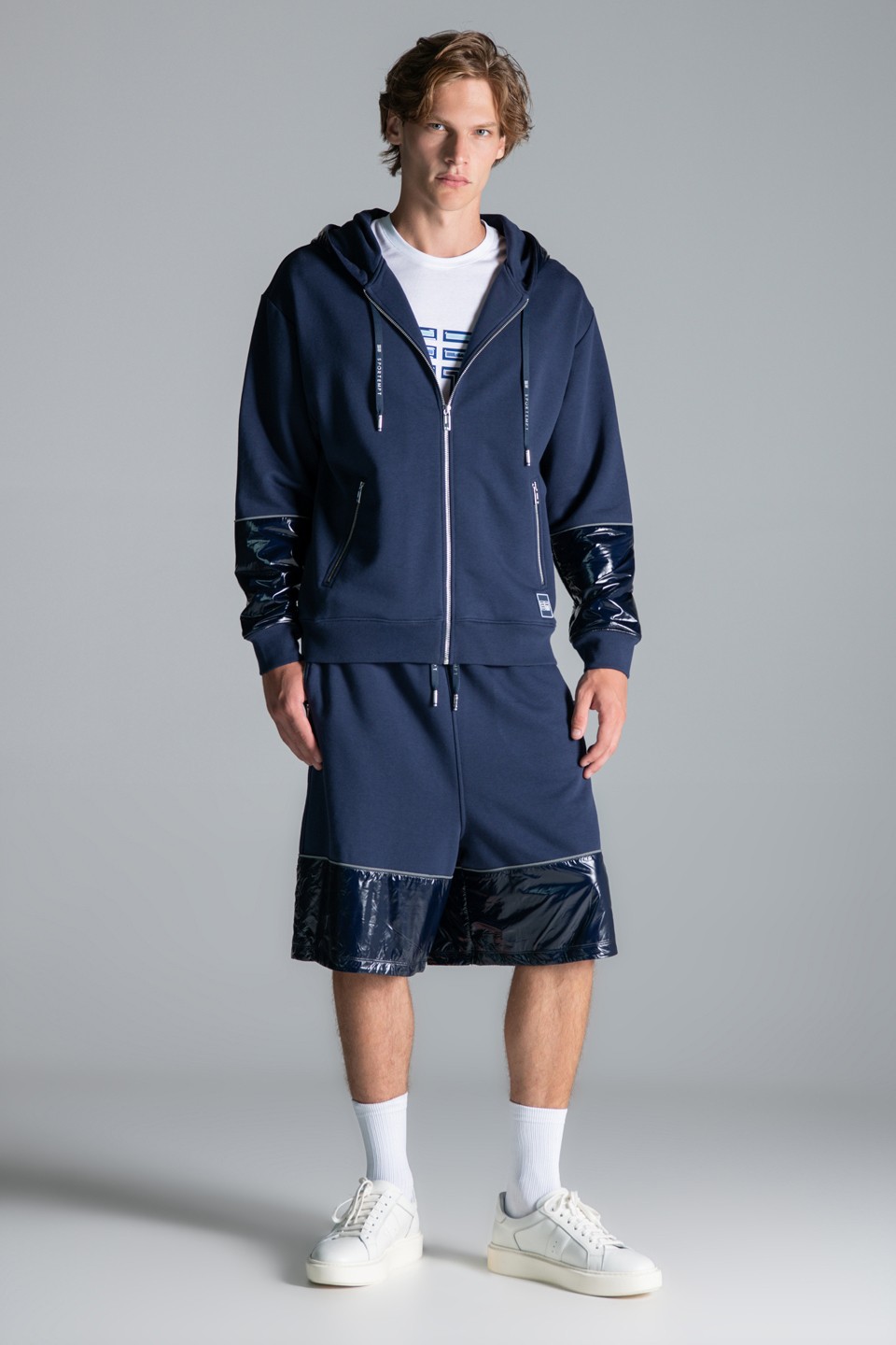 Parlak Dokuma Kumaş Detaylı FermuarlıI Kapüşon Sweatshirt - Navy Blue