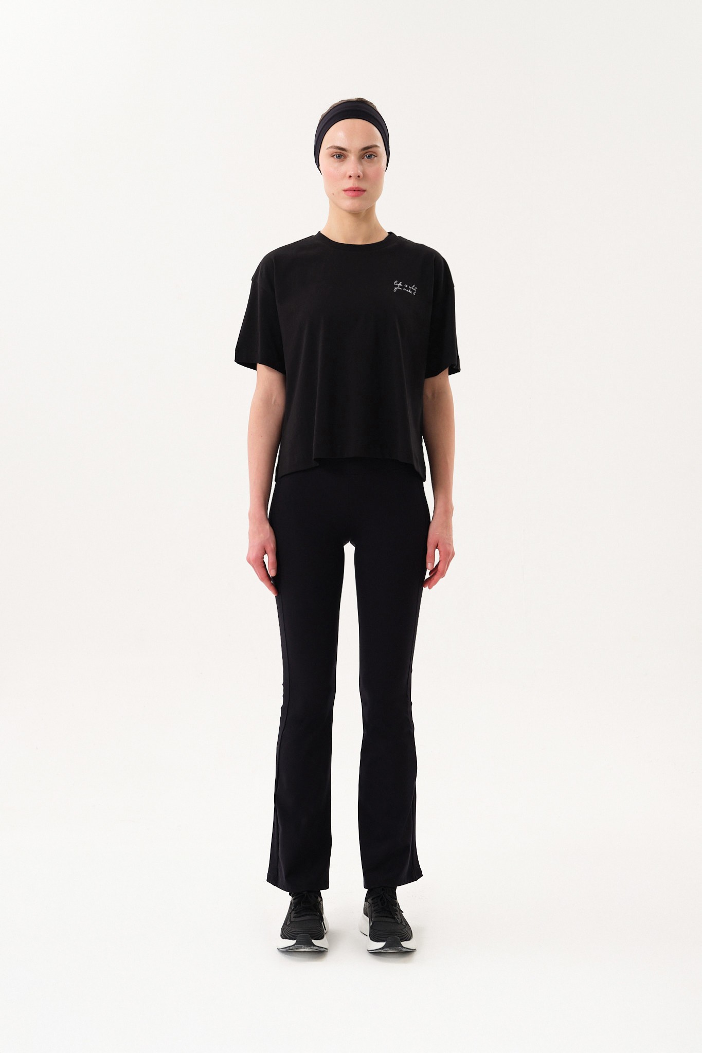 Kadın Baskılı Bisiklet Yaka T-Shirt - Black