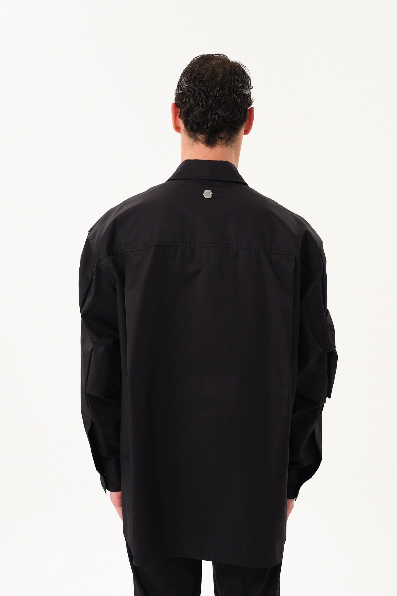 Snap Button Oversized Shirt Jacket with Pocket Detail - Black