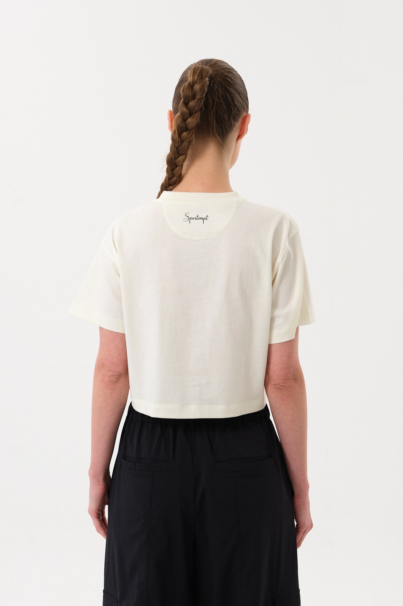 Kadın Crop Baskılı Bisiklet Yaka T-Shirt - Ecru
