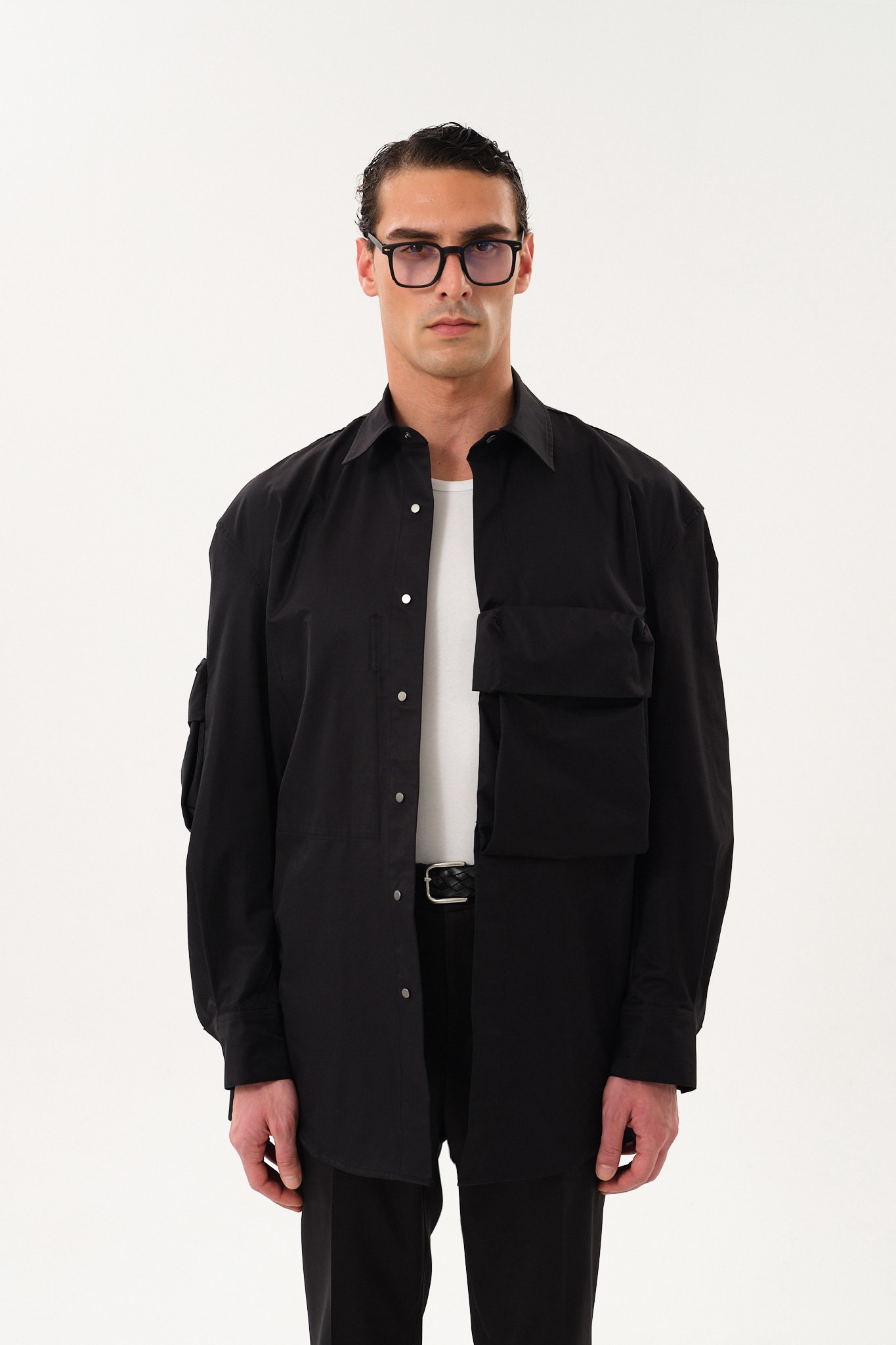 Snap Button Oversized Shirt Jacket with Pocket Detail - Black