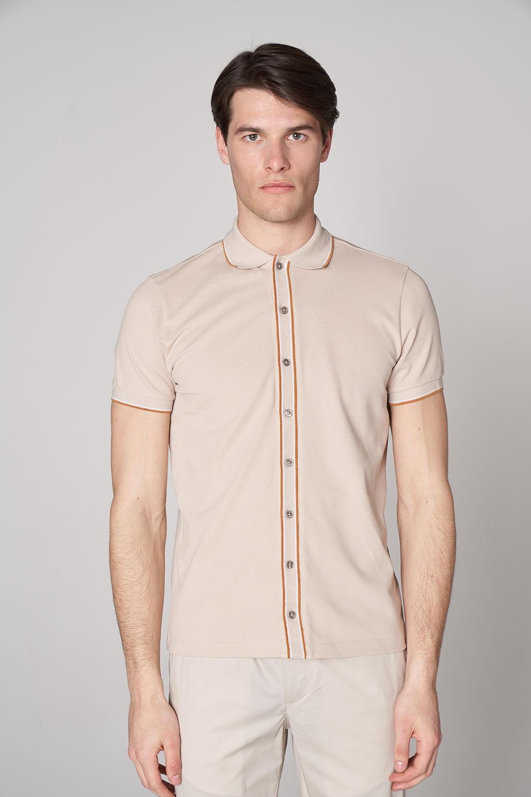Modern Fit Polo Neck with Knit Band Details - Ecru