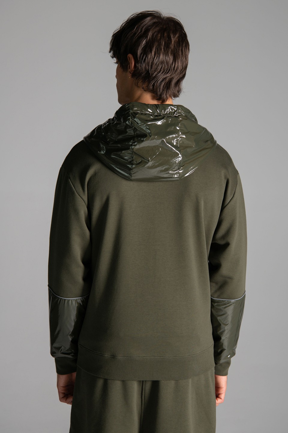 Parlak Dokuma Kumaş Detaylı FermuarlıI Kapüşon Sweatshirt - Khaki