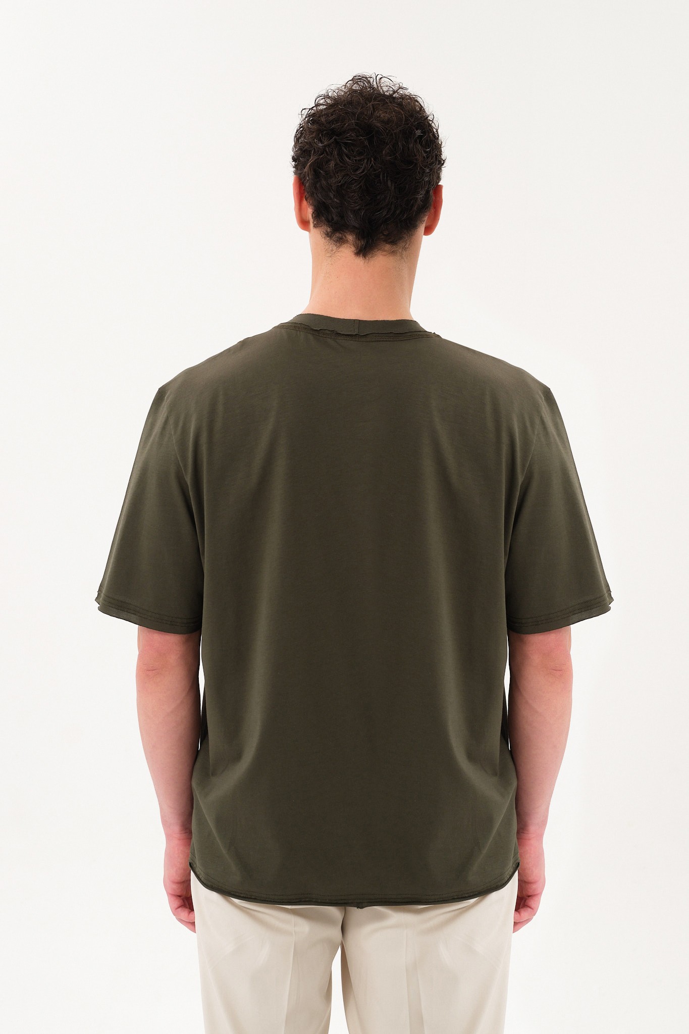 Eskitme Detaylı Erkek Oversize Bisiklet Yaka T-Shirt - Khaki