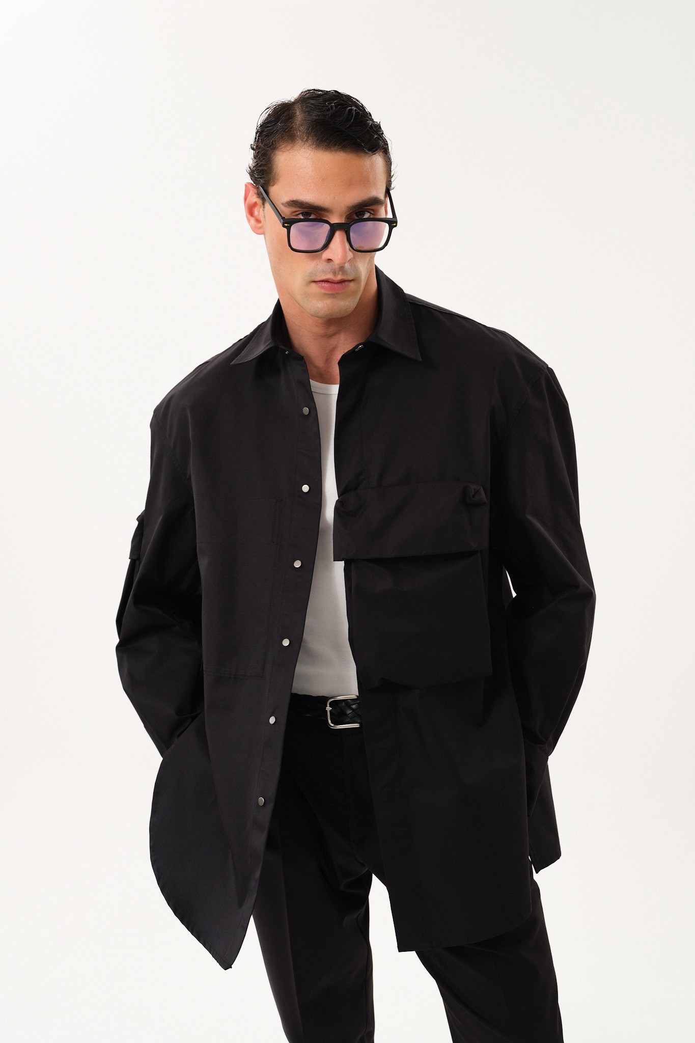 Snap Button Oversized Shirt Jacket with Pocket Detail - Black