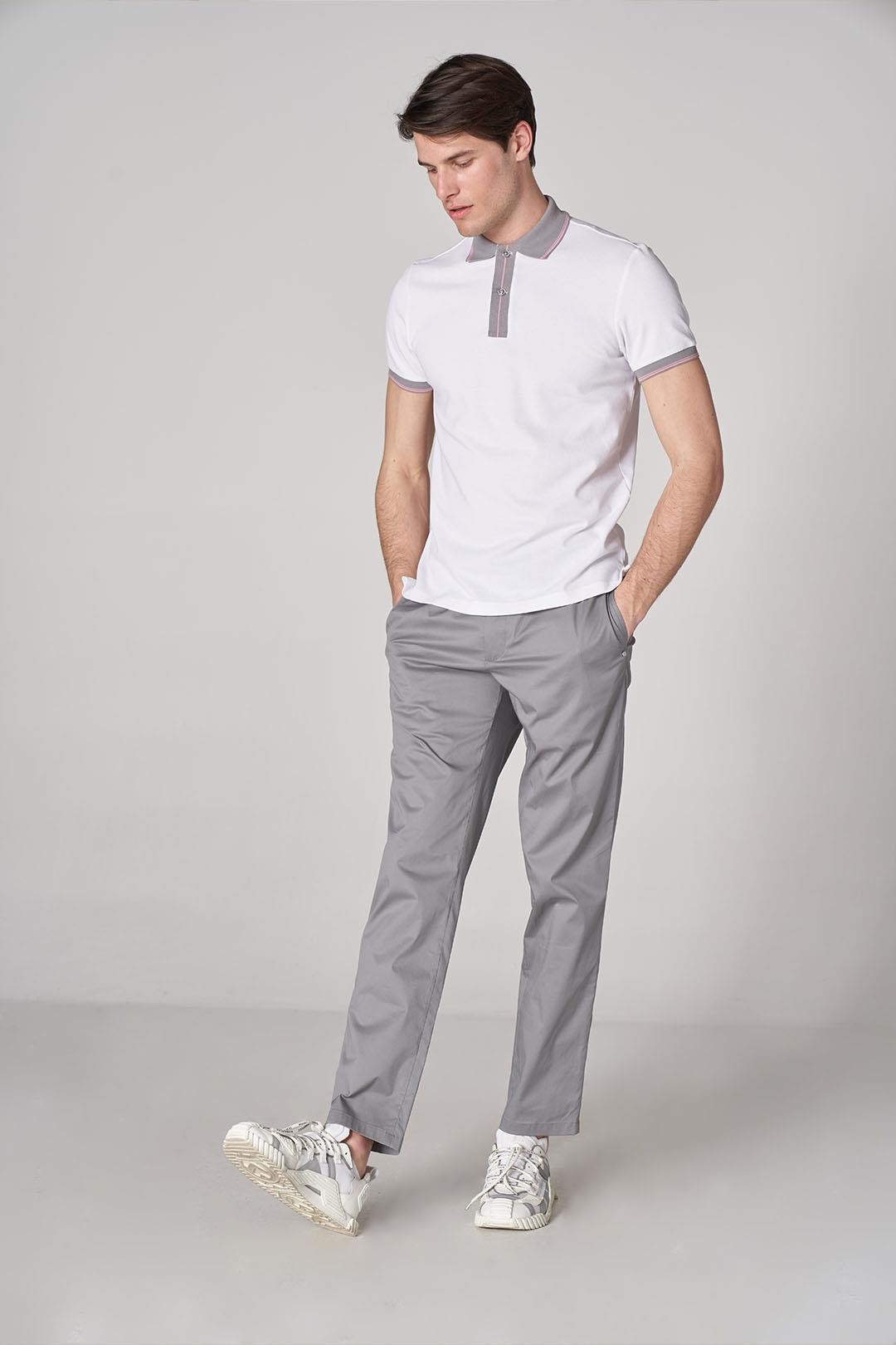 Woven Pants with Belt Monogram Detail - Gray