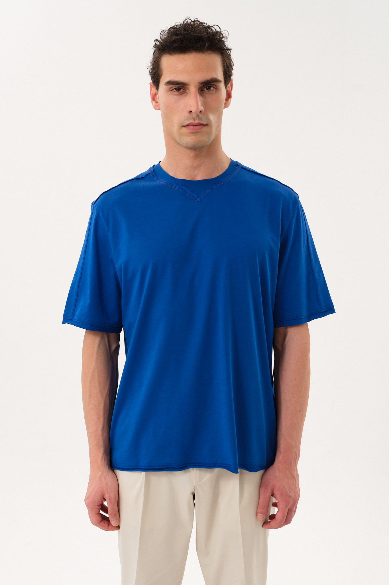 Eskitme Detaylı Erkek Oversize Bisiklet Yaka T-Shirt - Saks