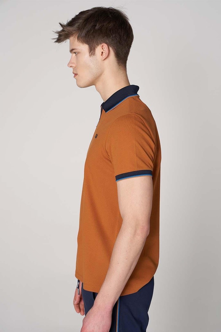 Polo Yaka Fermuarlı Erkek Pamuk T-shirt - Camel