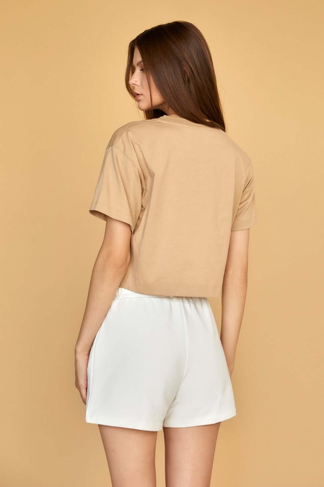 Gold Patch Printed Modern Fit Cotton Short T-Shirt - Beige