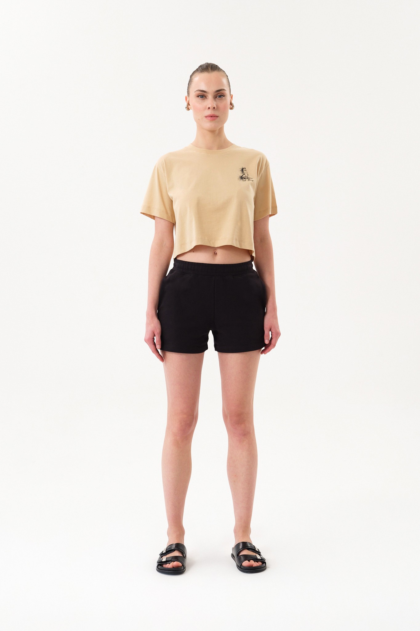 Kadın Crop Baskılı Bisiklet Yaka T-Shirt - Beige